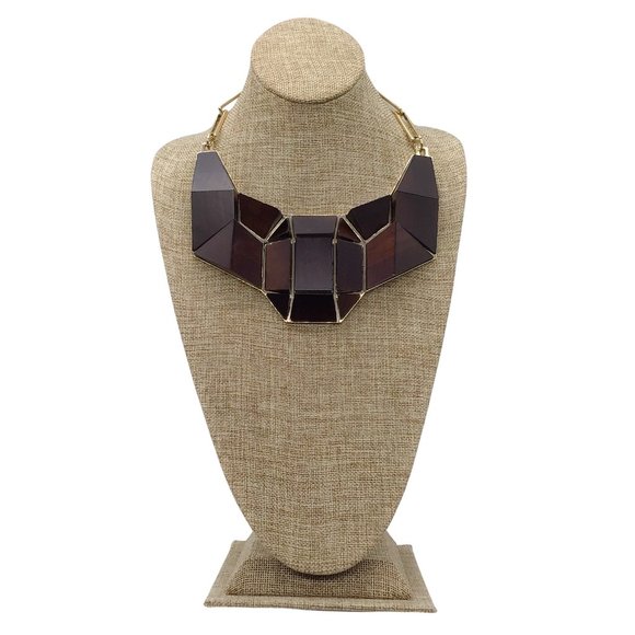 GIANFRANCO FERRE VINTAGE BROWN / GOLD WOOD AND METAL GEOMETRIC NECKLACE - Picture 1 of 7